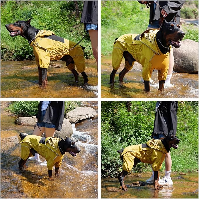 LOVELONGLONG Waterproof Dog Raincoat with Removable Hood – Outdoor Full Body Dog Jacket, Windproof Snowproof Shell Suit – All Season Pet Rain Gear Mustard Yellow S