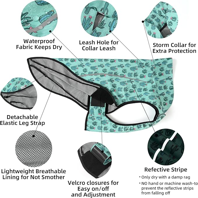 Mile High Life Dog Raincoat, Adjustable Waterproof Reflective Rain Jacket for Small Medium Large Dogs, Lightweight Breathable Pet Rain Coat with Leash Hole(Green Cactus,M Chest 26-32")