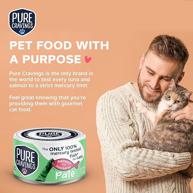Pure Cravings Salmon and Mackerel Pate, Canned Wet Cat Food, 100% Mercury-Tested, Moist Can Fish, Grain-Free Protein, Non-GMO, 12 Pack