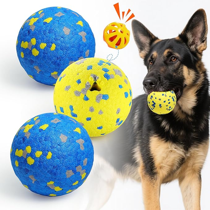 3PCS Dog Balls, Indestructible Dog Toys with Bell, Tennis Balls for Aggressive Chewers, Dog Teething Chew Toys for Small/Medium/Large Breeds(3 Inch)