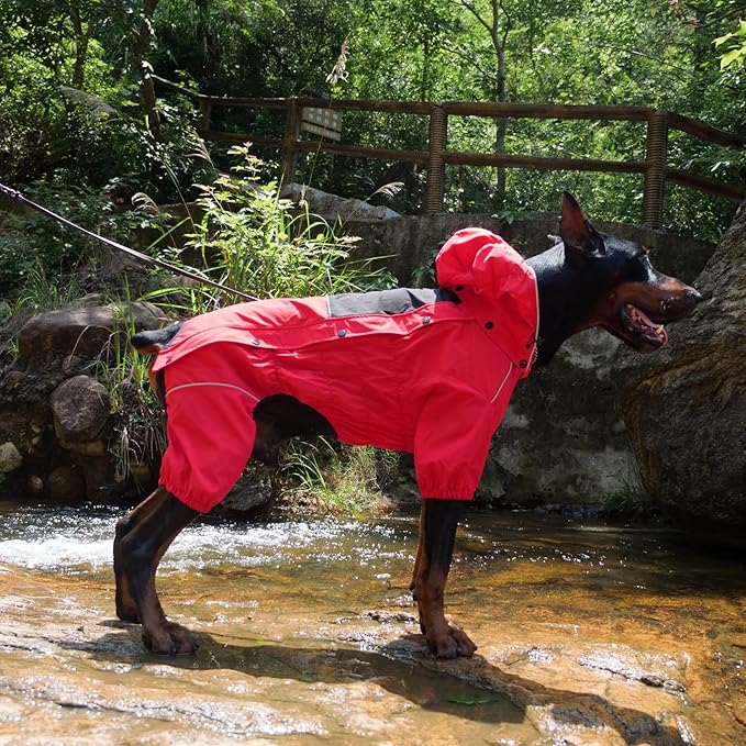 LOVELONGLONG Fleece-Lined Dog Raincoat with Removable Hood – Waterproof Winter Full Body Dog Jacket – Windproof Snowproof Cold-Weather Suit – Red-F 3XL