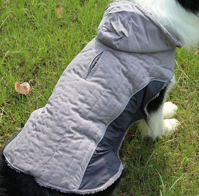 Fleece Dog Hoodie for Large Dogs Super Warm Doggie Jacket for Cold Winter Dog Coats,Grey XXL