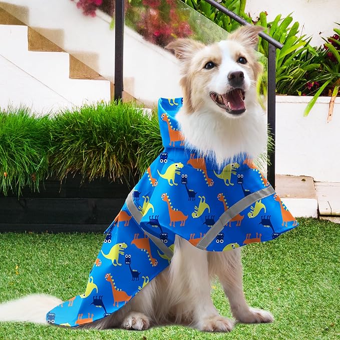NACOCO Large Dog Raincoat Adjustable - Pet Dinosaurs Water Proof Clothes Lightweight Rain Jacket Poncho Hoodies with Strip Reflective Blue (XXXL, Blue Dinosaur)