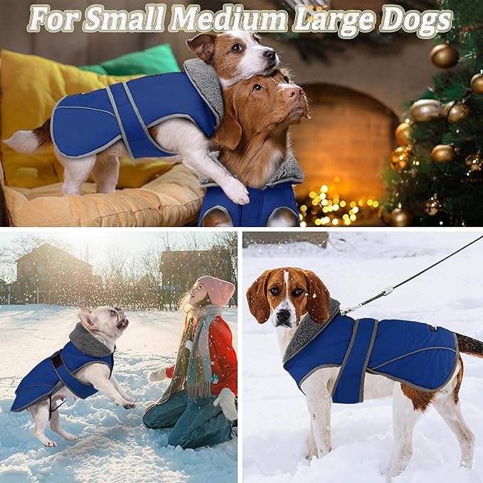 Dogcheer Dog Coat, Waterproof Dog Jacket Reflective Pet Winter Coat with Adjustable Hook & Loop, Christmas Puppy Fleece Jacket Warm Turtleneck Snowsuit for Small Medium Large Dogs - Blue, 2XL