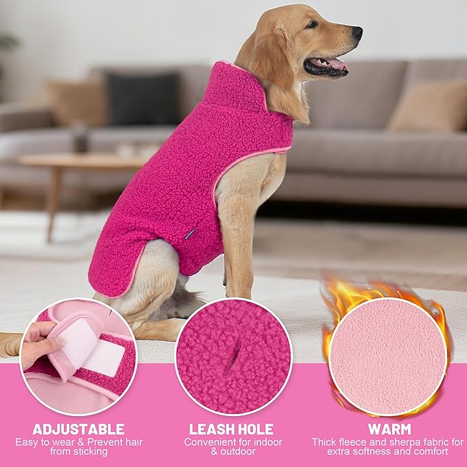 cyeollo 3XL Warm Dog Coat, Fleece Winter Coats Sherpa Reversible Dog Jacket Soft Doggy Sweater with Leash Hole for Large Dogs Soft Pet Coats for Cold Weather, Fuchsia XXXL