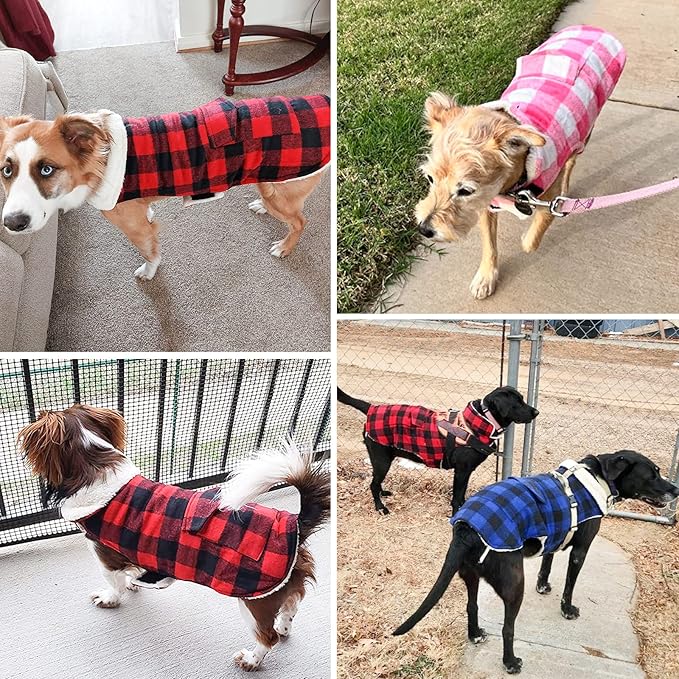 Malier Classic Plaid Fleece Dog Coat - Warm Winter Jacket with Pocket, Windproof for Small, Medium, Large Dogs (Red, X-Large)