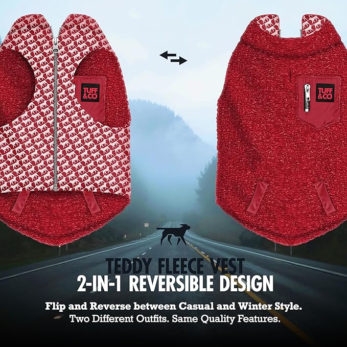 Tuff Pupper Reversible Fleece Sweater Vest for Dogs | Lightweight Comfortable Insulated Jacket | Front Zip Closure | Machine Washable | Built-in Leash Hole | Sizes for All Breeds (XL, Red)