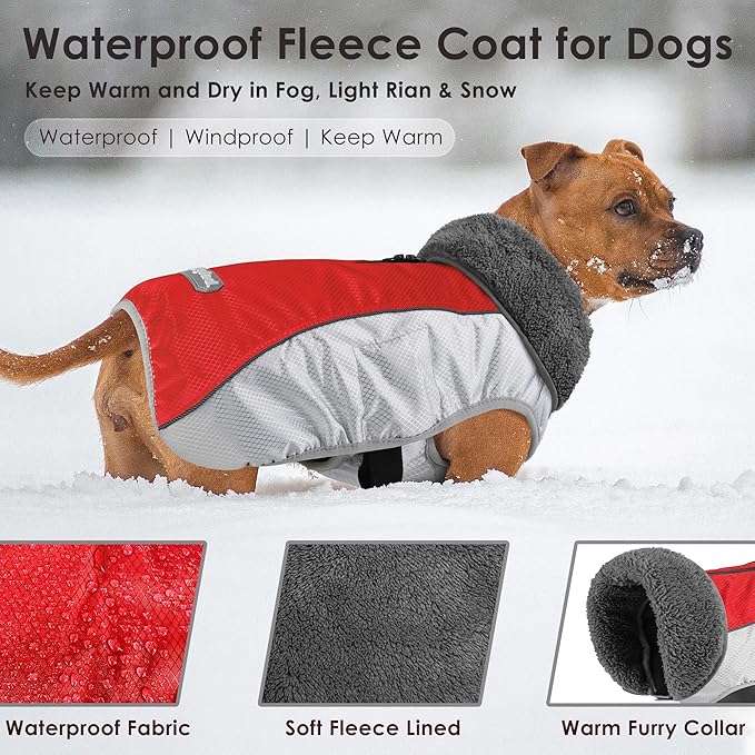 Dog Coat, Waterproof Ripstop Dog Winter Jacket with Leash Hole, Reflective Adjustable Warm Pet Fleece Snow Sweater for Small Medium Large Dogs - Red, XL