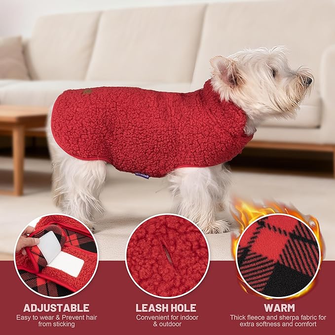 cyeollo Small Dog Coat Sherpa Dog Winter Coat, Reversible Fleece Doggie Jackets Sweater Vest for Small Dogs Male with Leash Hole, Soft Cold Weather Pet Coats, Buffalo Plaid S