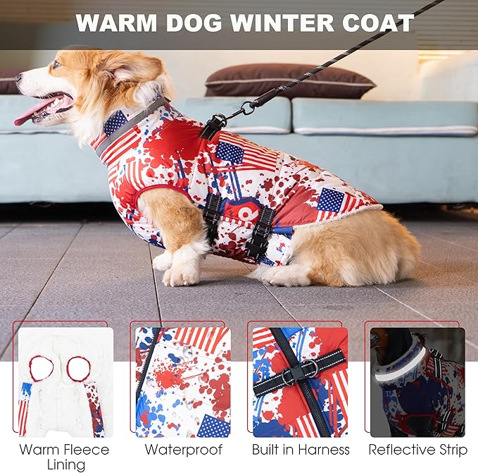 Medium Dog Coat with Harness Built-in, Waterproof Reflective Fleece Lined - Warm Windproof Winter Jacket with Back Zipper, Cold Weather Snow Dog Coats - American Flag - M
