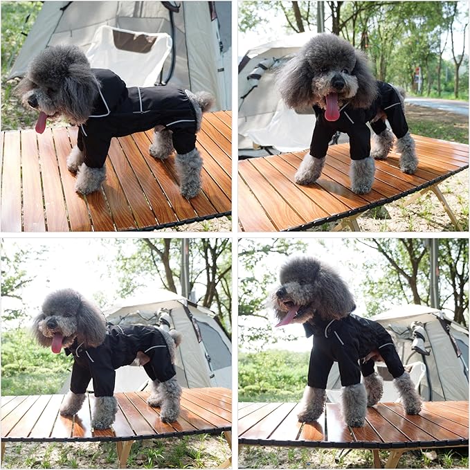 LOVELONGLONG Fleece-Lined Dog Raincoat with Removable Hood – Waterproof Winter Full Body Dog Jacket – Windproof Snowproof Cold-Weather Suit – Black-F 4XL