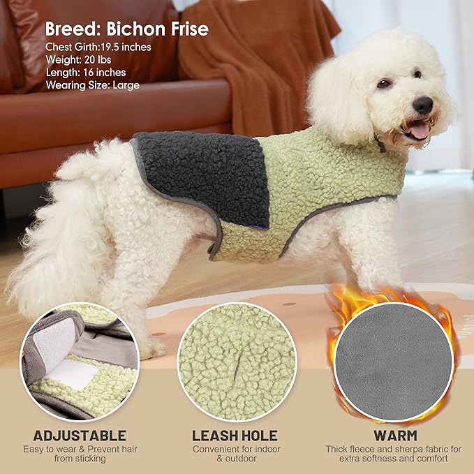 cyeollo Warm Dog Coat Sherpa Dog Winter Coat, Reversible Fleece Doggie Jackets Sweater Vest for Small Dogs Male with Leash Hole, Soft Cold Weather Pet Clothes, Khaki M