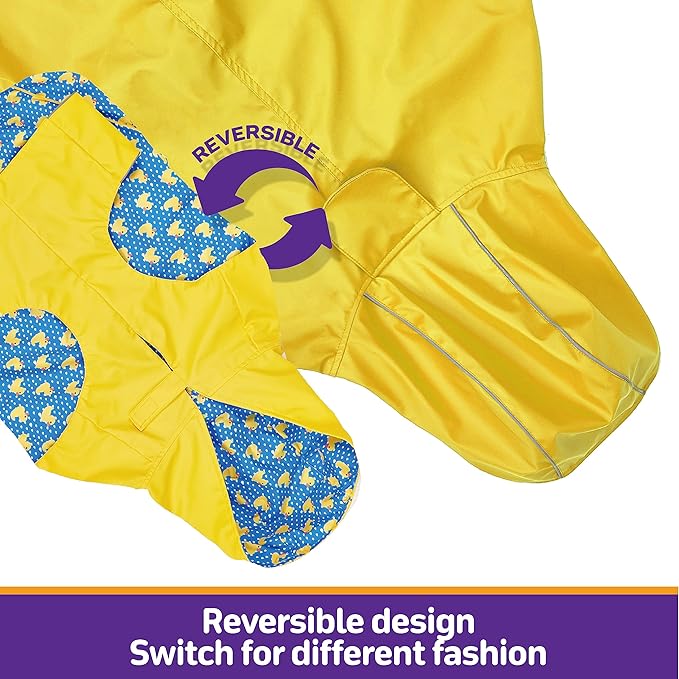 Dog Raincoat Reversible, Single Side Slicker Poncho Adjustable Waterproof Dog Rain Jacket with Leash Hole/Reflective Stripe Hooded Snowproof Windproof Clothes for Small to 3X-Large Dogs, S