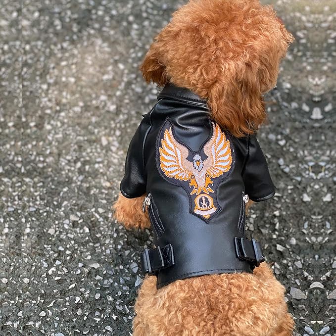Lovelonglong Cool Dog Leather Jacket, Warm Coats Dogs Windproof Cold Weather Coats for Large Medium Small Dogs with Eagle Embroidery Black L