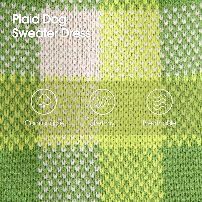 Dog Sweater Dress Plaid Knitwear for Small Medium Dogs Warm Puppy Pet Turtleneck Stretch Pullover Cute Fall Winter Vest Clothes with Leash Hole for Christmas (Green, S)