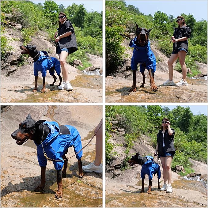 LOVELONGLONG Waterproof Dog Raincoat with Removable Hood – Outdoor Full Body Dog Jacket, Windproof Snowproof Shell Suit – All Season Pet Rain Gear Blue XXL