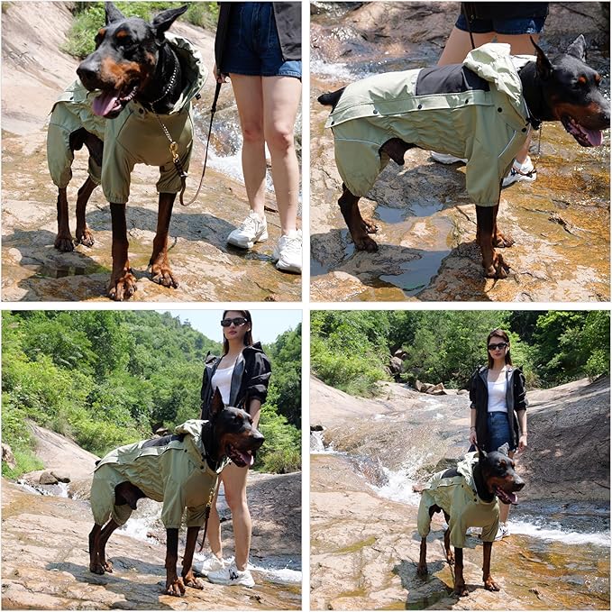 LOVELONGLONG Waterproof Dog Raincoat with Removable Hood – Outdoor Full Body Dog Jacket, Windproof Snowproof Shell Suit – All Season Pet Rain Gear Sage Green XL
