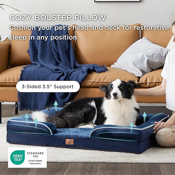 Bedsure L Plus Orthopedic Dog Bed for Large Dogs - Washable Dog Cat Bed Waterproof, L Plus Big Comfort Dogs Couch Sofa with Washable Removable Cover, Pet Bed with Nonskid Bottom, Blue Navy, 38"