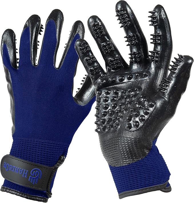 H HANDSON Pet Grooming Gloves - Patented #1 Ranked, Award Winning Shedding, Bathing, & Hair Remover Gloves - Gentle Brush for Cats, Dogs, and Horses (Blue, Small)