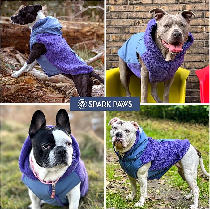 Spark Paws Reversible Dog Sweater, Sherpa Vest with Warm Fleece Lining, Warm Coat for Winter, Suitable for Small Medium, Large, XL XXL Dogs - Purple and Navy Blue - S