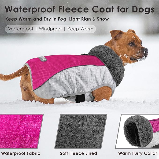 Dog Coat, Waterproof Ripstop Dog Winter Jacket with Leash Hole, Reflective Adjustable Warm Pet Fleece Snow Sweater for Small Medium Large Dogs - Rosy Red, 3XL