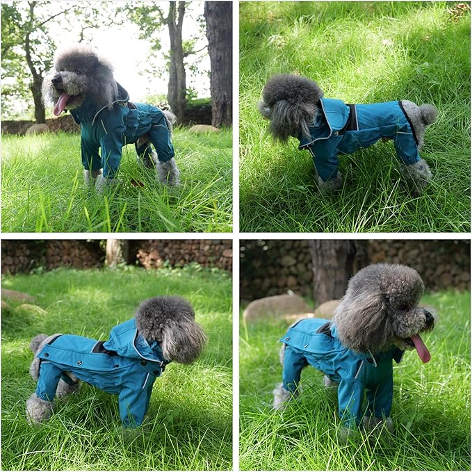 LOVELONGLONG Waterproof Dog Raincoat with Removable Hood – Outdoor Full Body Dog Jacket, Windproof Snowproof Shell Suit – All Season Pet Rain Gear Ocean Teal XS