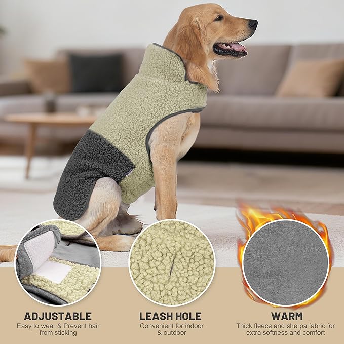 cyeollo Warm Dog Coat Sherpa Winter Coat, Reversible Fleece Dog Jackets Sweater Vest for Large Dogs Male with Leash Hole, Soft Cold Weather Pet Clothes, Khaki XXXL