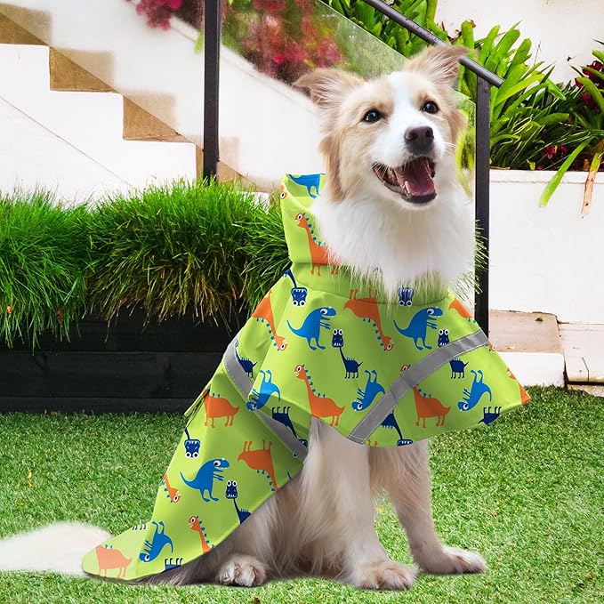NACOCO Large Dog Raincoat Adjustable - Pet Dinosaurs Water Proof Clothes Lightweight Rain Jacket Poncho Hoodies with Strip Reflective Green (XL, Green Dinosaur)