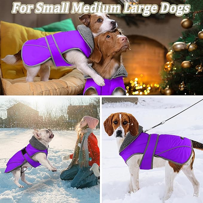 Dogcheer Dog Coat, Waterproof Dog Jacket Reflective Pet Winter Coat with Adjustable Hook & Loop, Christmas Puppy Fleece Jacket Warm Turtleneck Snowsuit for Small Medium Large Dogs - Purple, L
