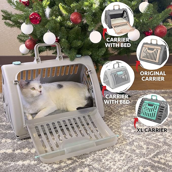 SportPet Designs Foldable Travel Cat Carrier - Front Door Plastic Collapsible Carrier Collection, Waterproof Bed